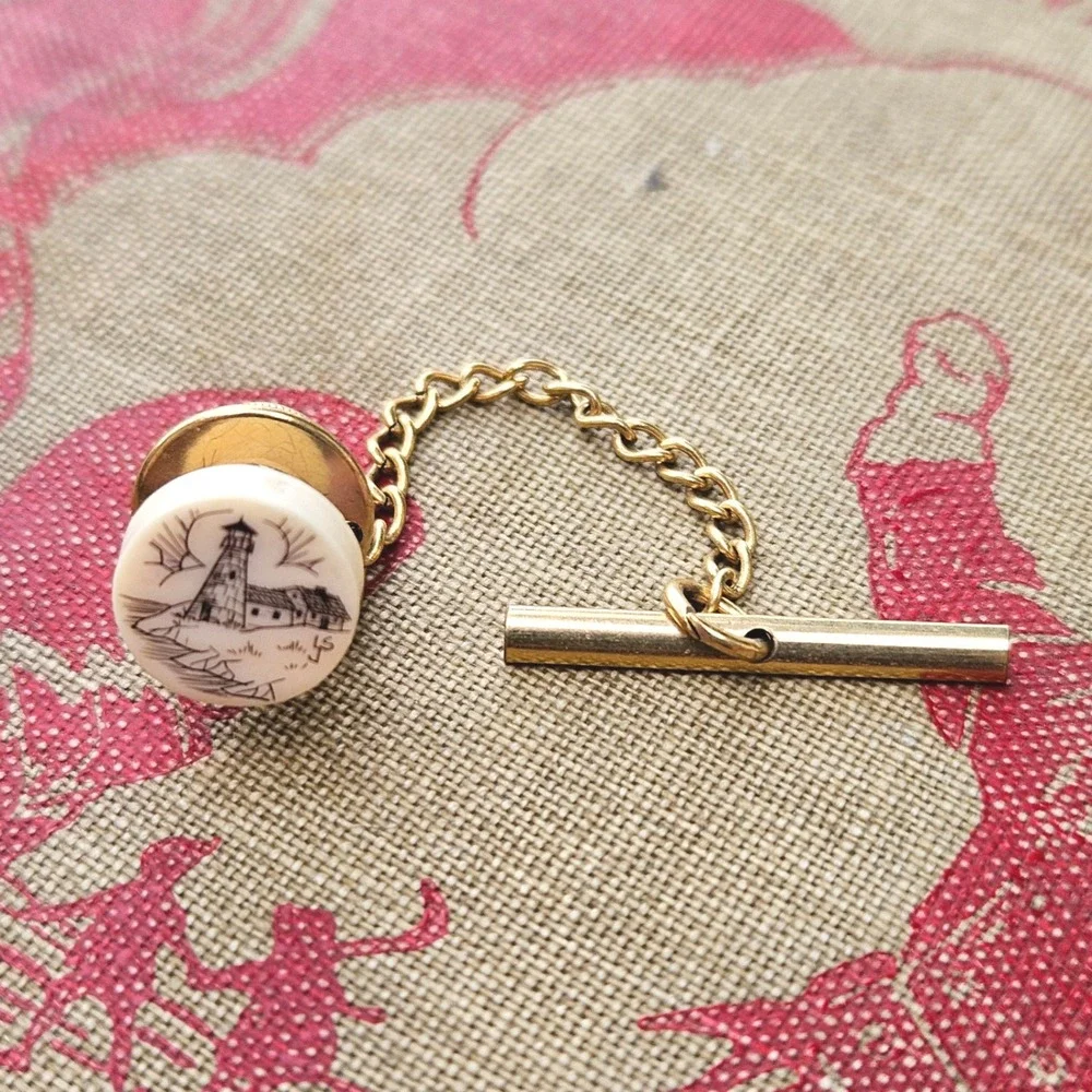 Vintage Scrimshaw Beach Nautical Lighthouse Tie Tack Gold Tone Chain T-Bar